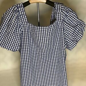 Womens top CeCe Brand with puff sleeves. Navy and White Check 100% Cotton.